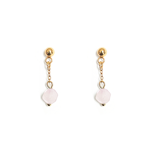 Boucles d'oreilles pendantes Quartz rose couleur or. Puce d'oreille avec chaine au bout de laquelle est accrochée une pierre naturelle facettée de Quartz rose.