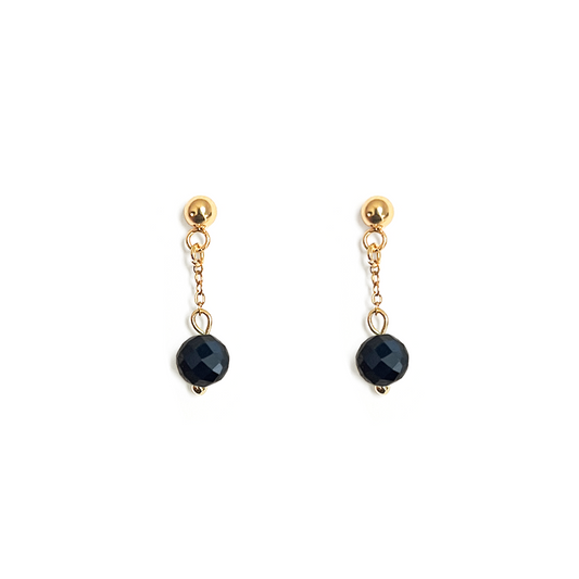 Boucles d'oreilles tourmaline noire pendantes en acier inoxydable or