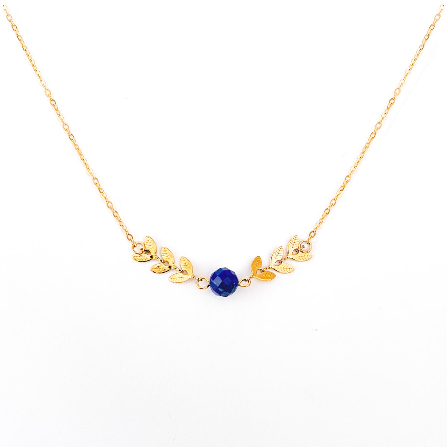 Collier feuilles pierre lapis-lazuli lithothérapie en acier inoxydable or