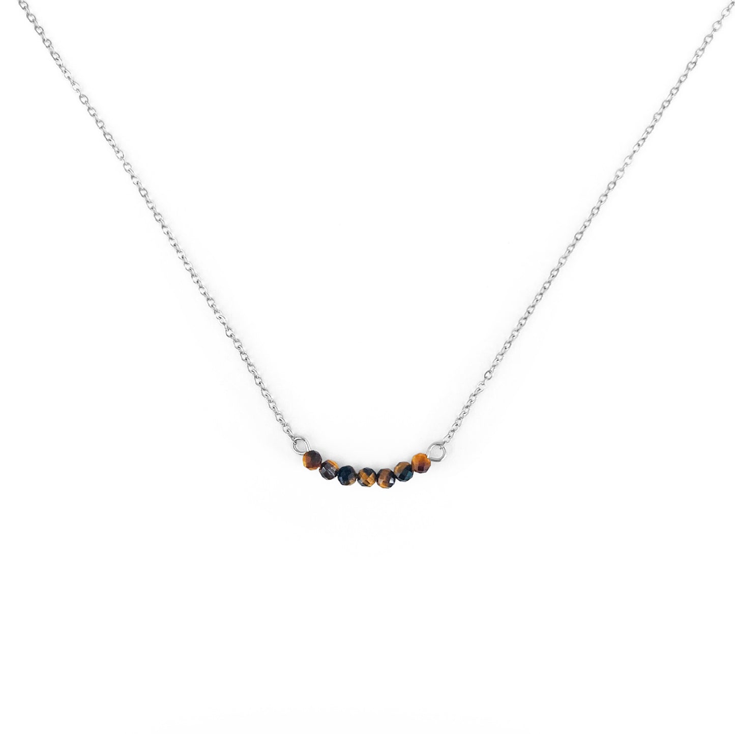 Collier multiple pierre oeil-de-tigre lithothérapie en acier inoxydable argent