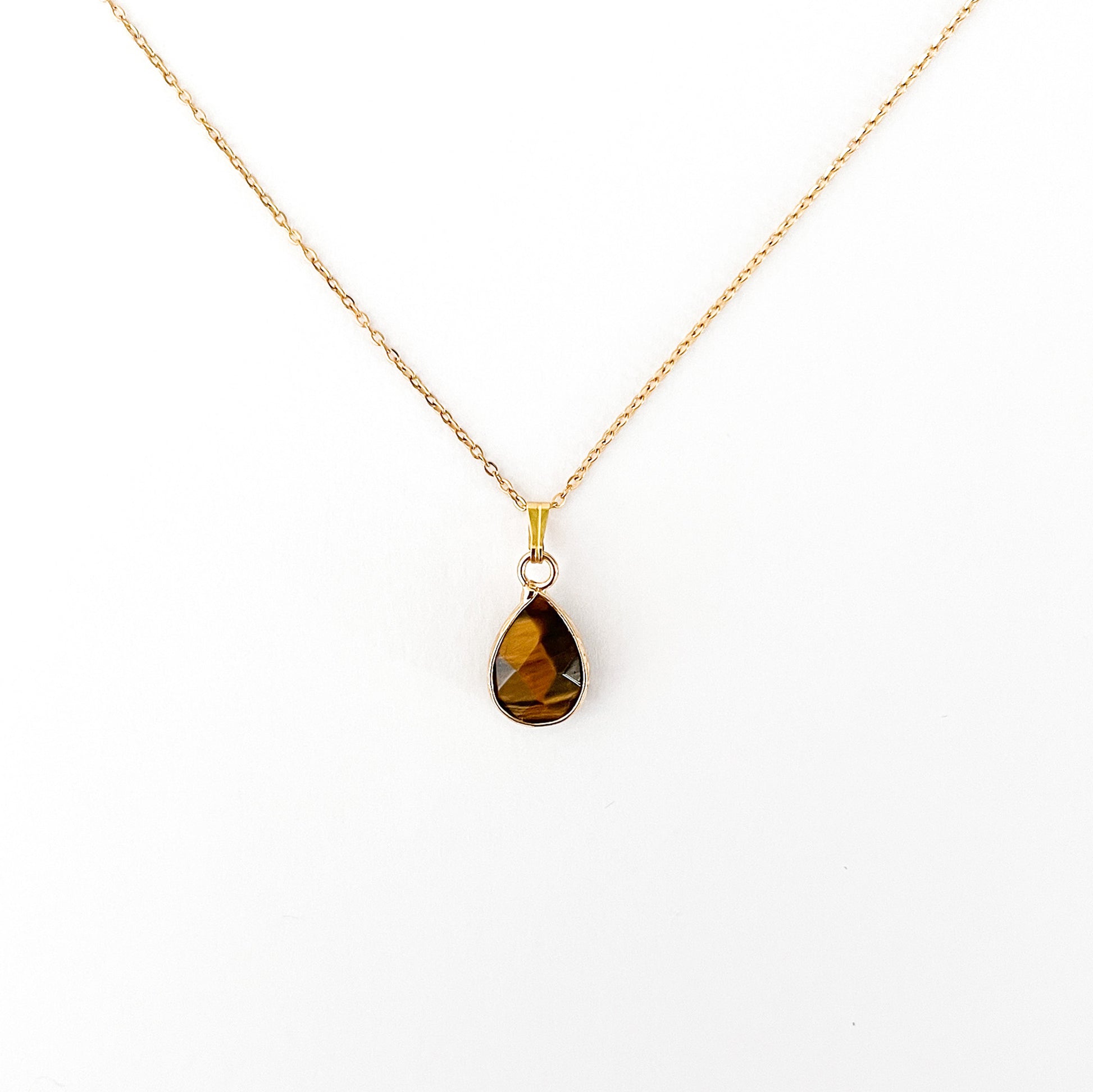 Collier pendentif oeil-de-tigre lithothérapie en acier inoxydable or