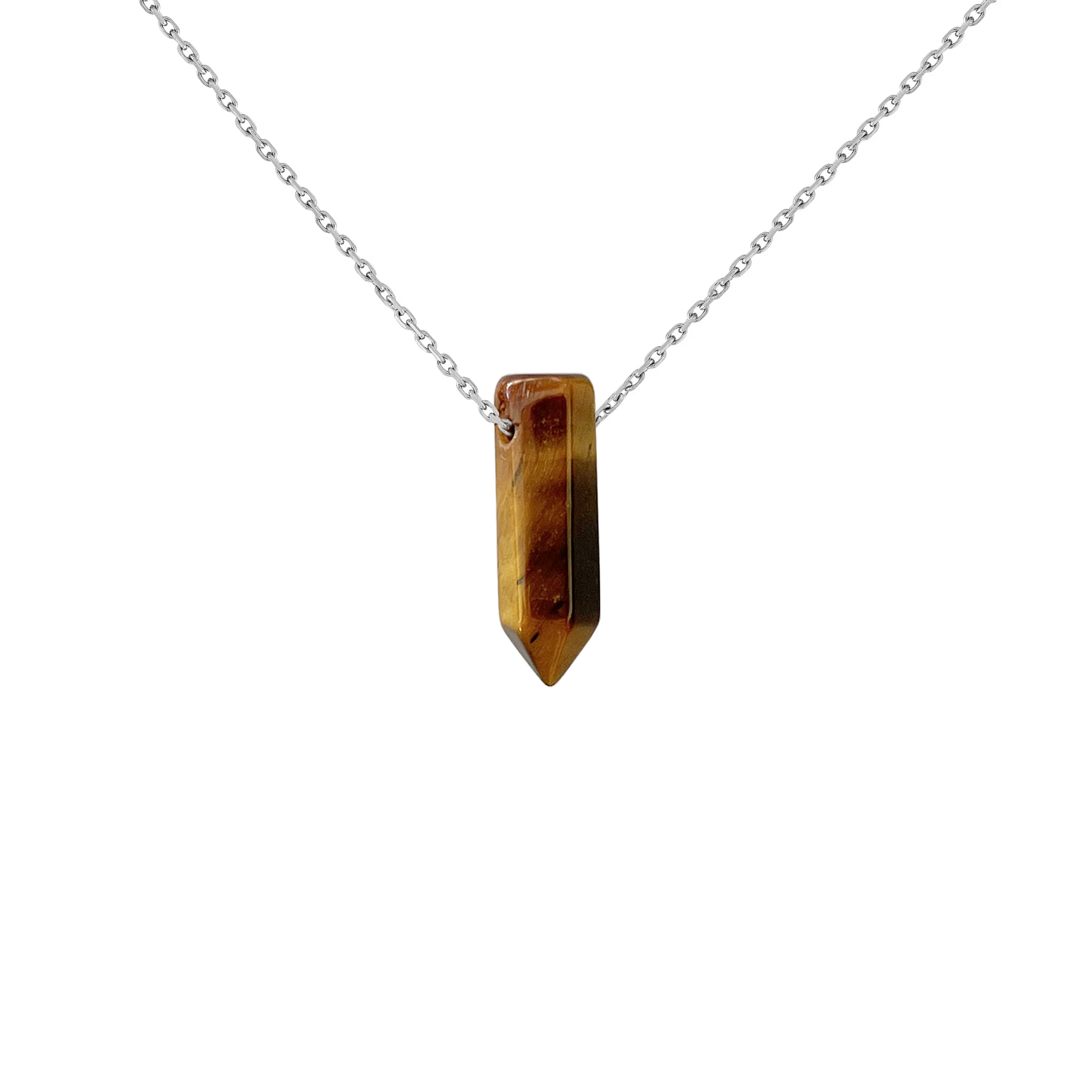 Collier pendentif pointe oeil-de-tigre en acier inoxydable argent