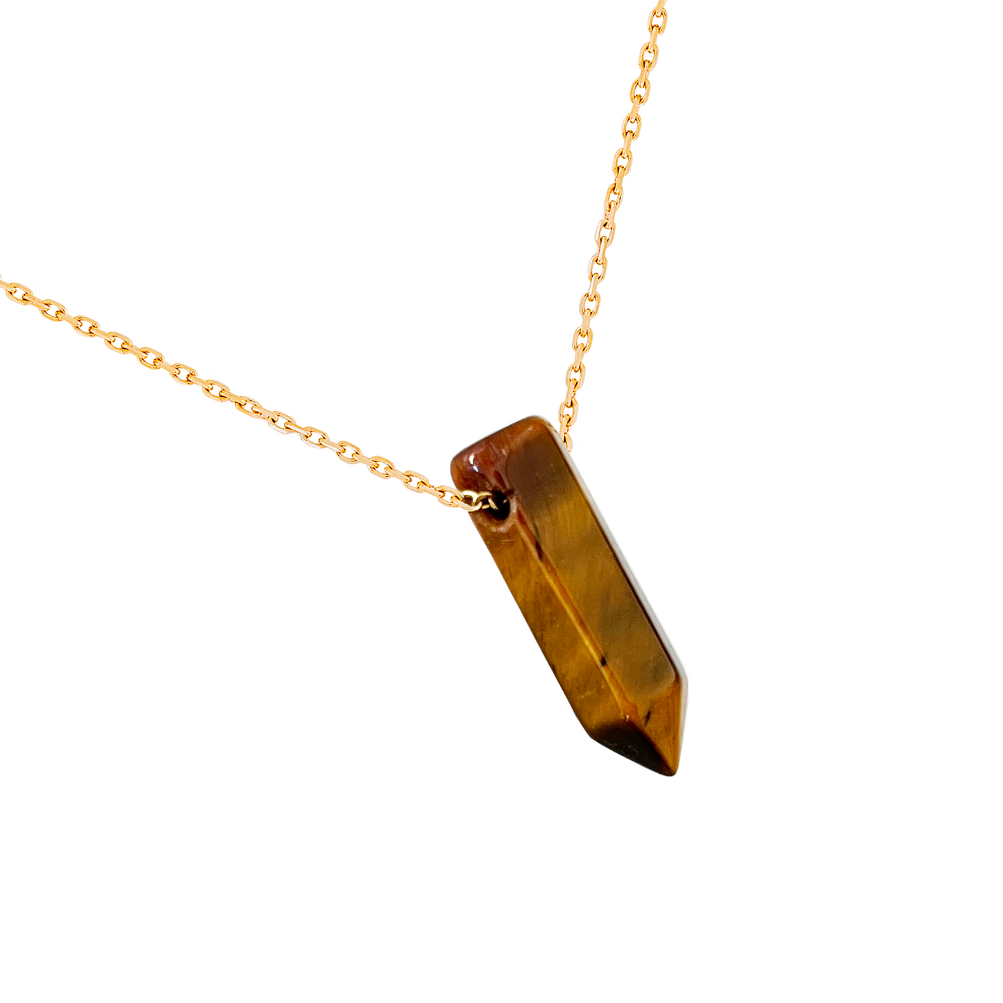 Collier pendentif pointe oeil-de-tigre en acier inoxydable or détail