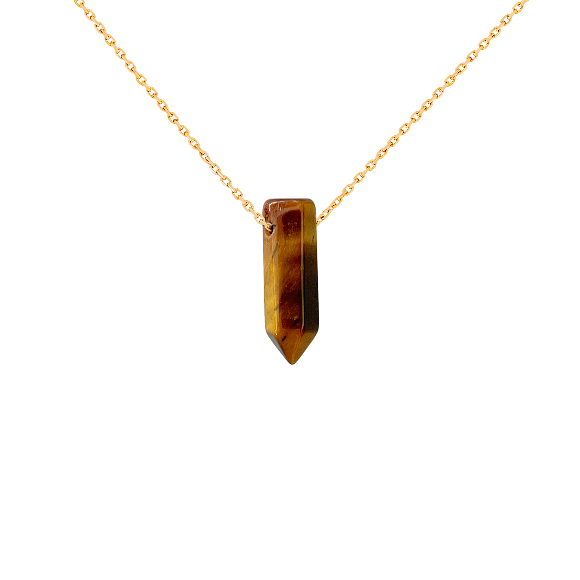 Collier pendentif pointe oeil-de-tigre en acier inoxydable or