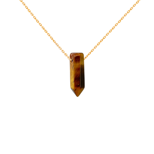 Collier pendentif pointe oeil-de-tigre en acier inoxydable or