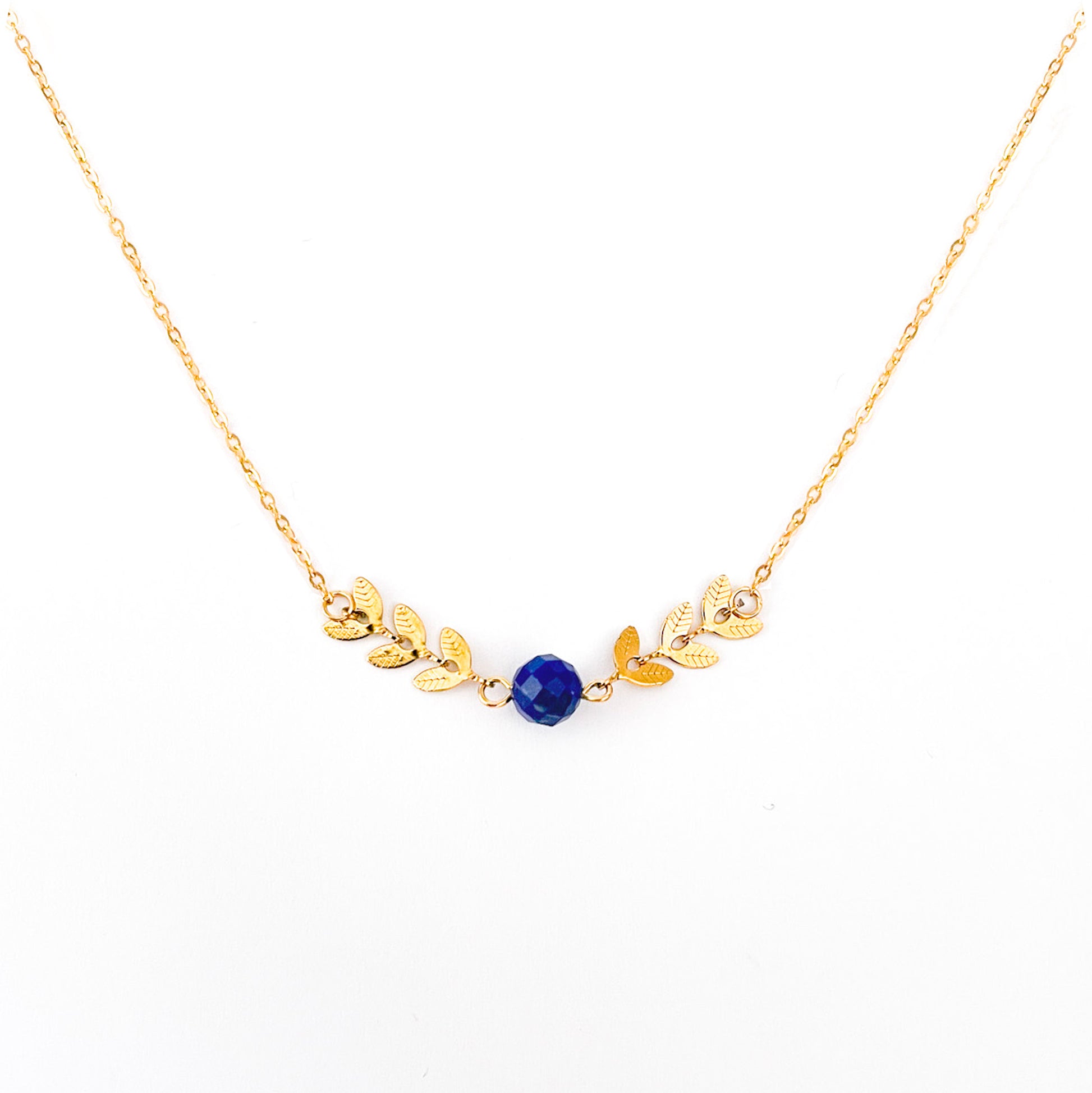 Collier feuilles pierre lapis-lazuli lithothérapie en acier inoxydable or