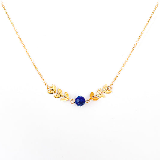 Collier feuilles pierre lapis-lazuli lithothérapie en acier inoxydable or