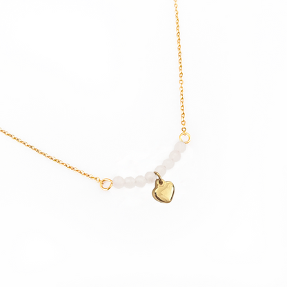 Collier pierres quartz rose avec pendentif coeur lithothérapie en acier inoxydable or détail