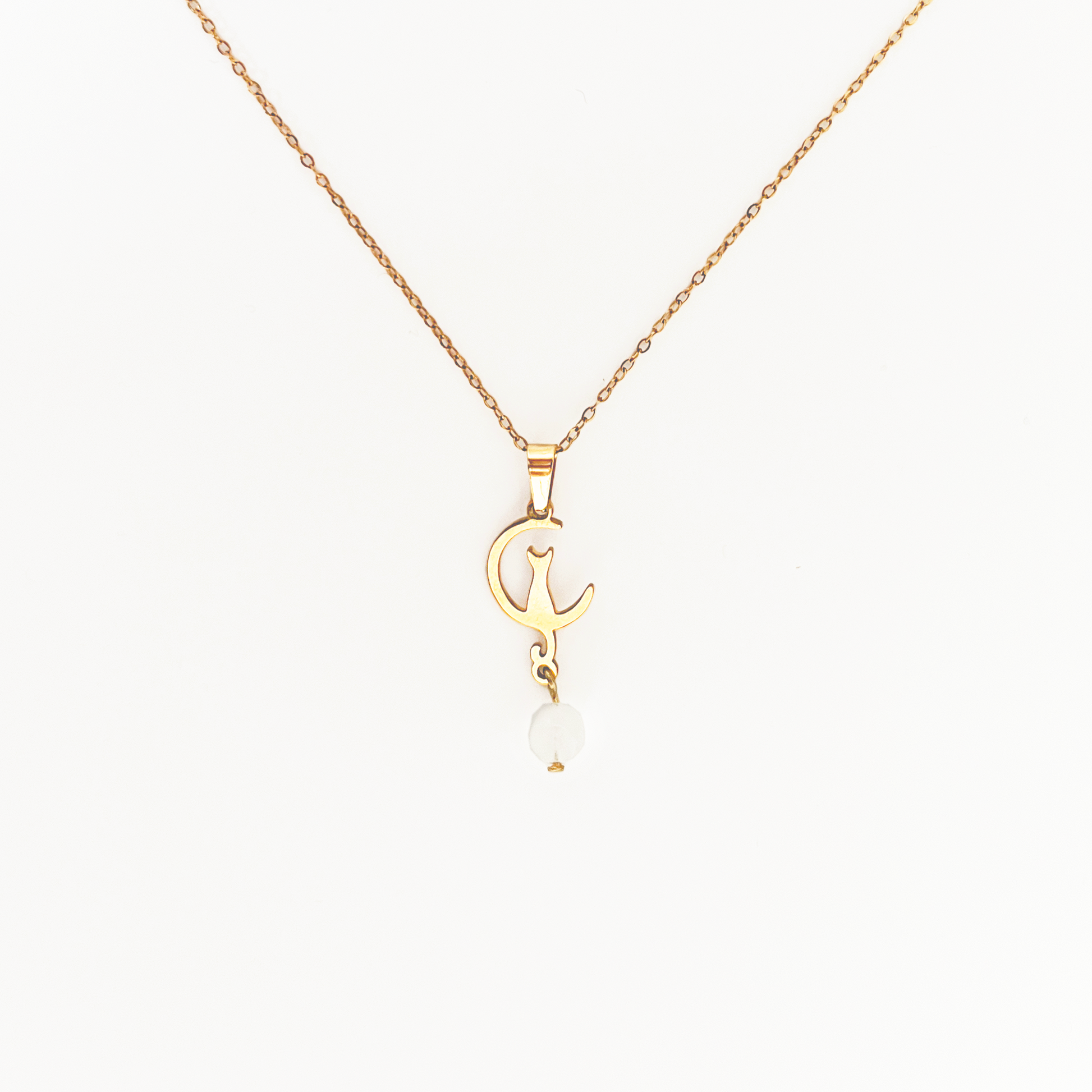 Collier pierre de lune lithothérapie avec pendentif chat et lune en acier inoxydable or