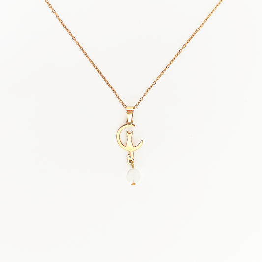 Collier pierre de lune lithothérapie avec pendentif chat et lune en acier inoxydable or