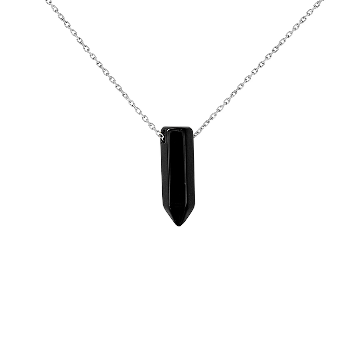 Collier pendentif pointe obsidienne noire en acier inoxydable argent