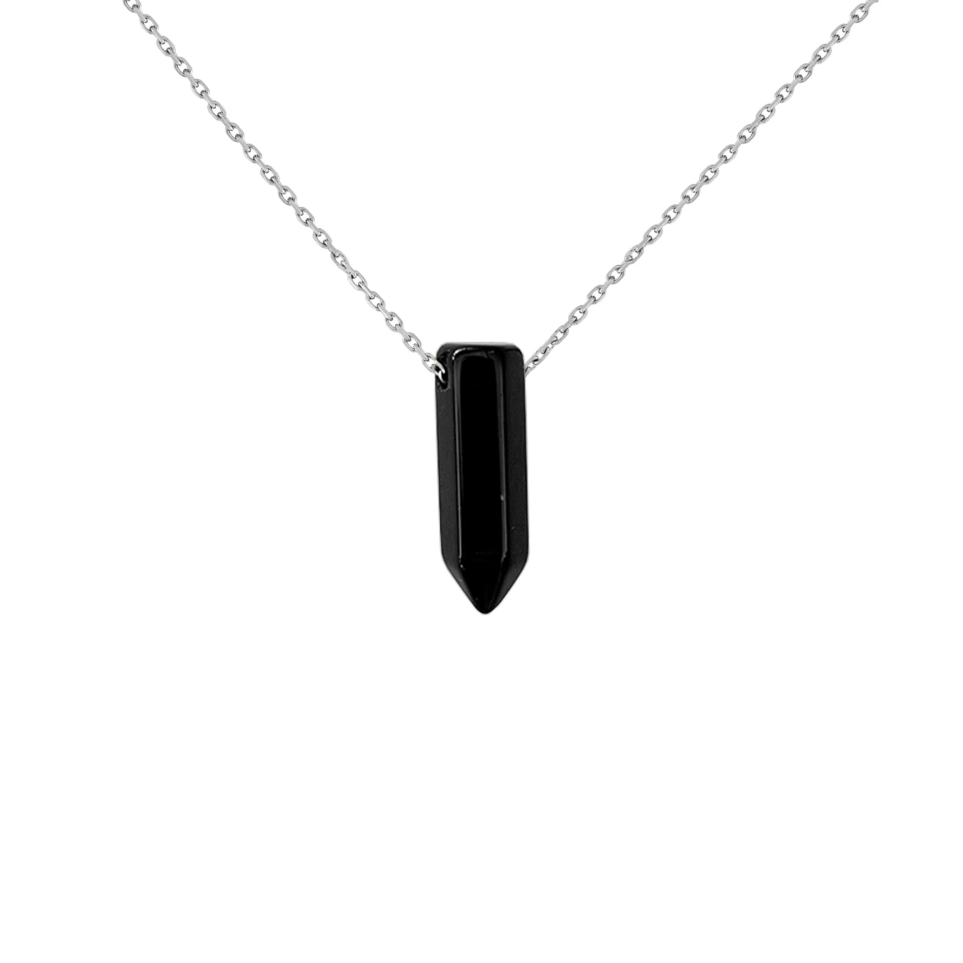 Collier pendentif pointe obsidienne noire en acier inoxydable argent