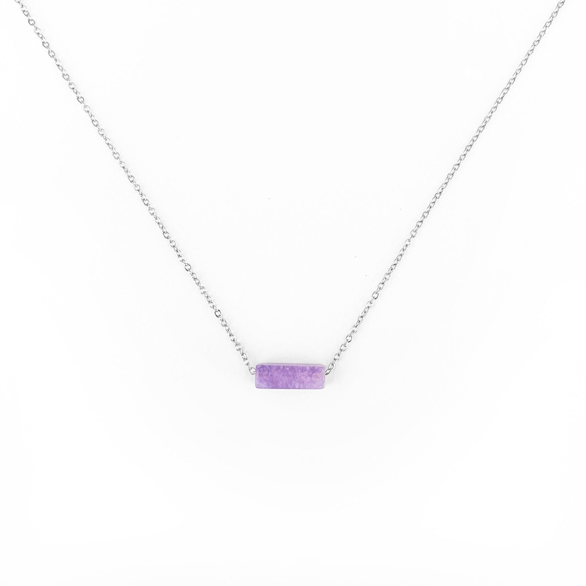 Collier pierre Améthyste rectangle lithothérapie en acier inoxydable argent