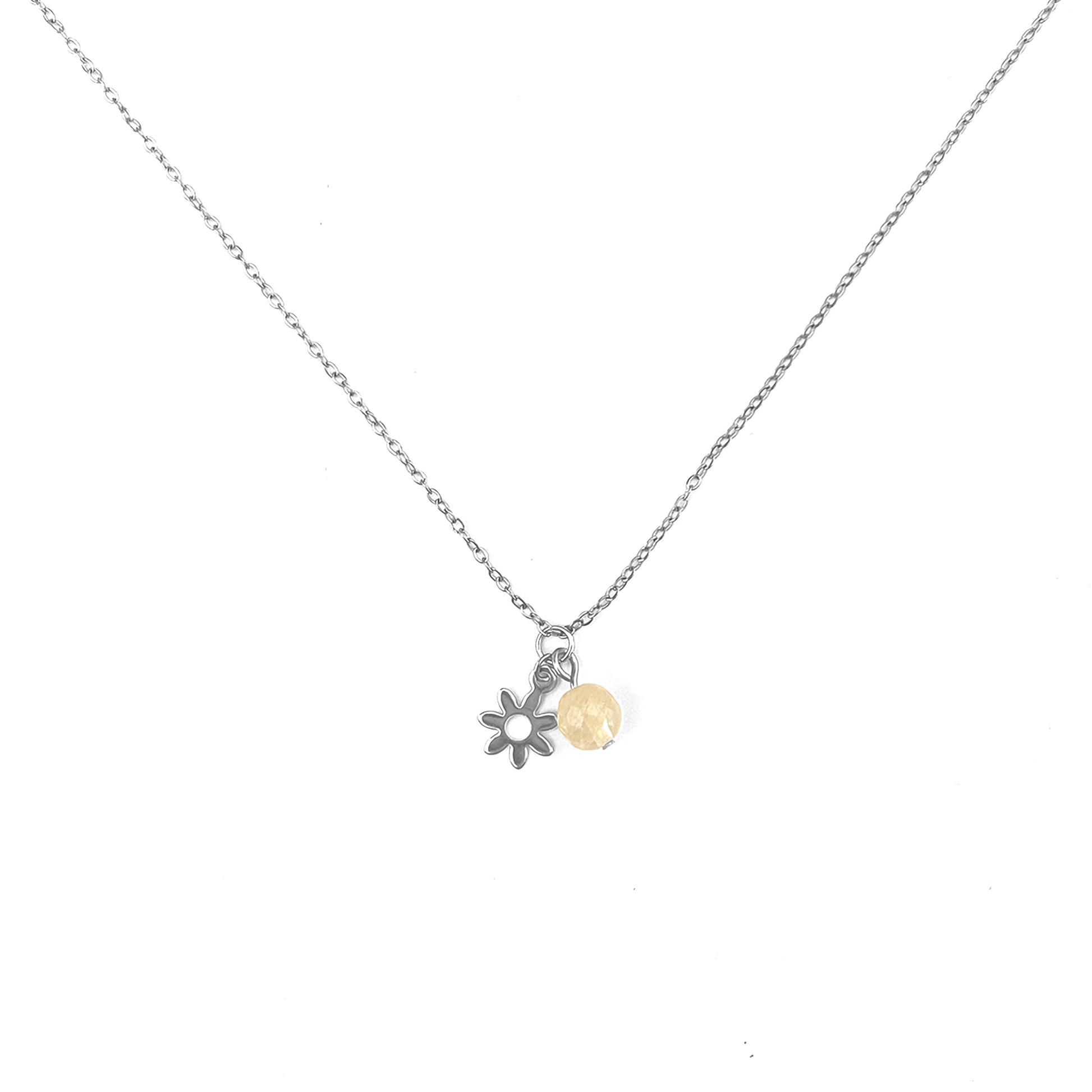 Collier pierre citrine jaune lithothérapie avec breloque fleur en acier inoxydable argent