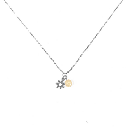 Collier pierre citrine jaune lithothérapie avec breloque fleur en acier inoxydable argent