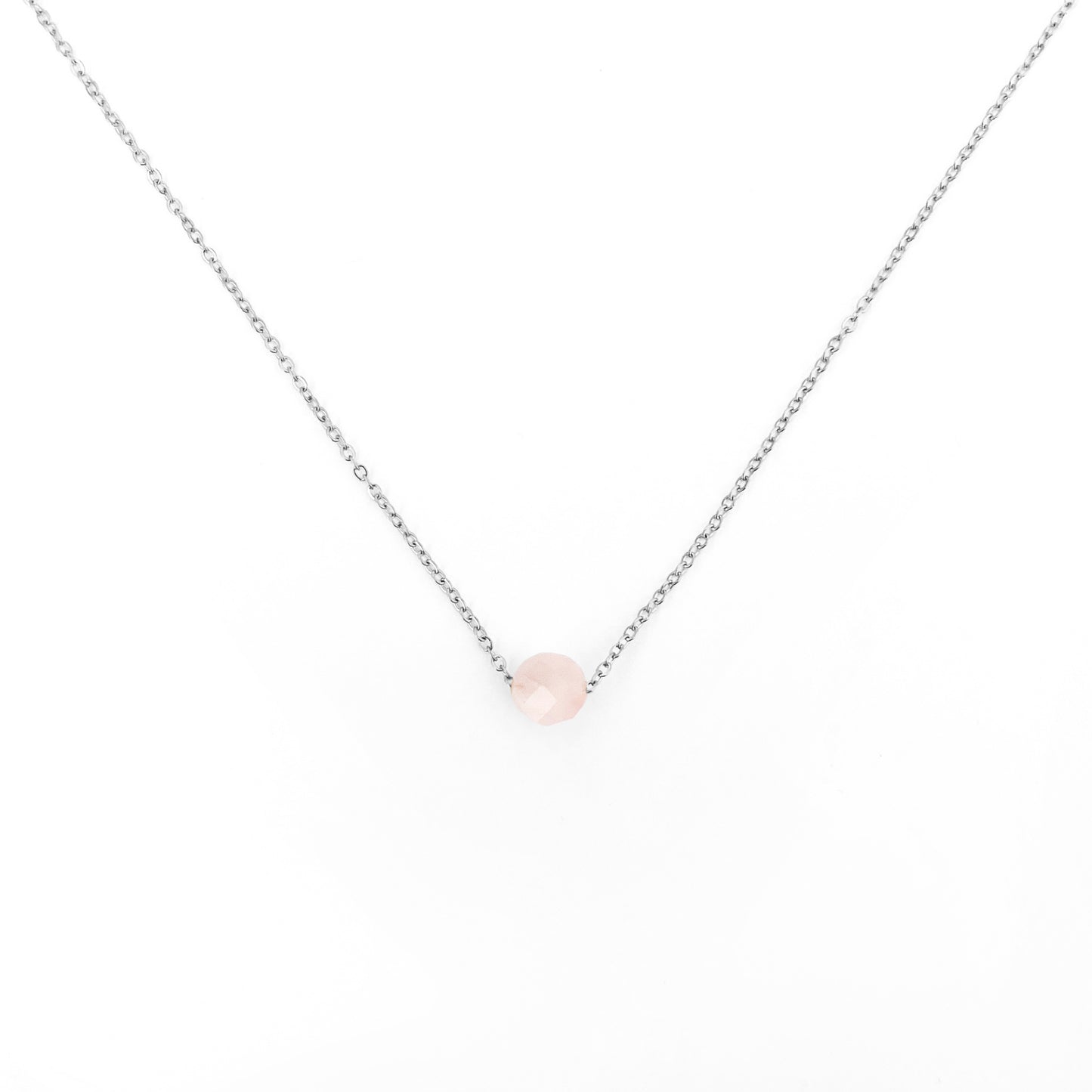 Collier pierre quartz rose lithothérapie en acier inoxydable argent