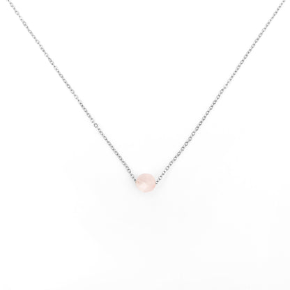 Collier pierre quartz rose lithothérapie en acier inoxydable argent